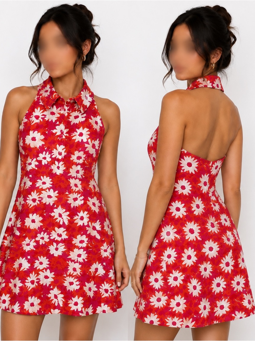 Vintage Floral Halter backless Mini Dress in Pink, Red, & Orange